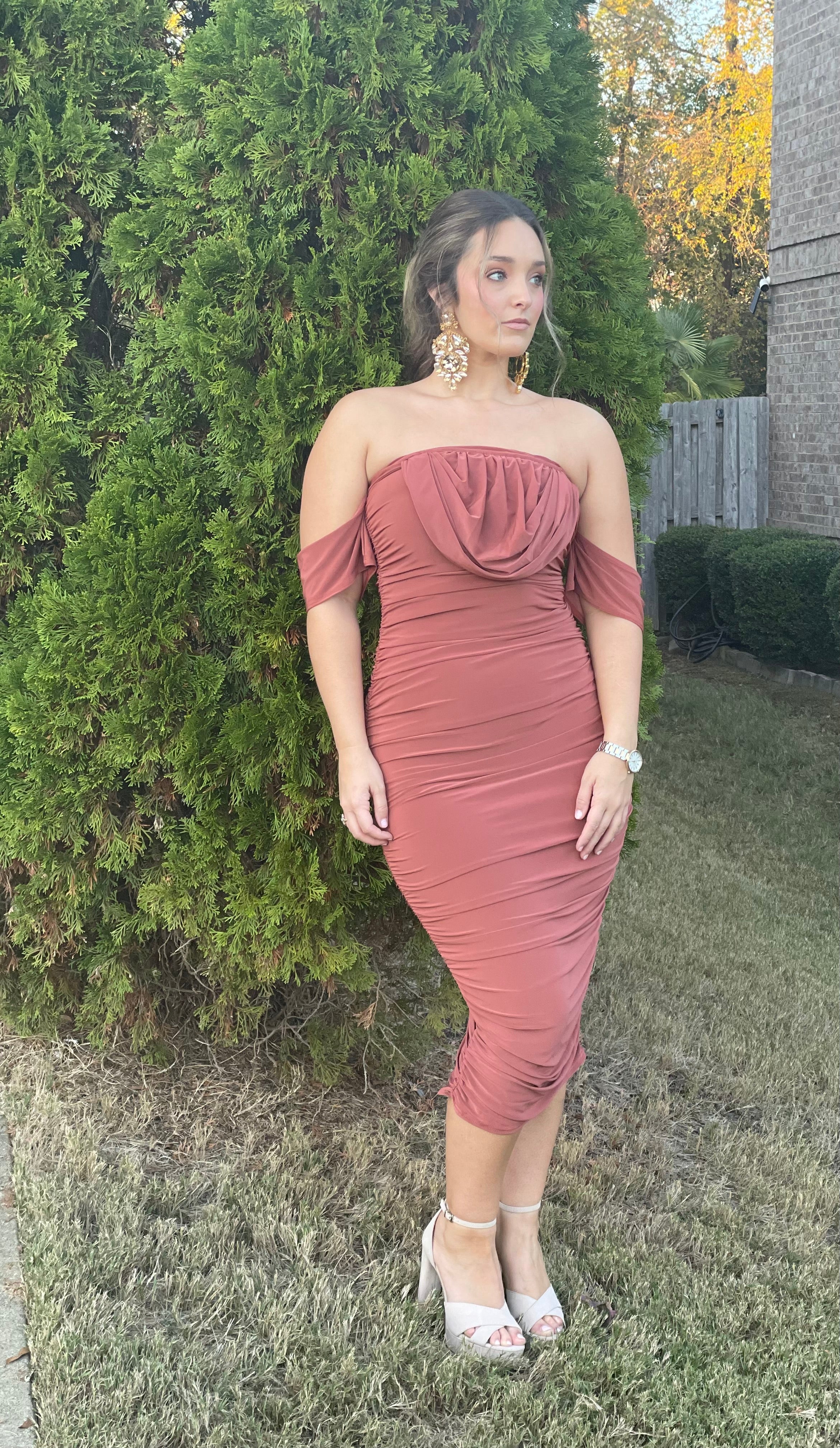 rust ruched dress Satin Dress Rust Ruched Dress Rust Satin Puffed Sleeve Ruched Midi Dress STYLE US